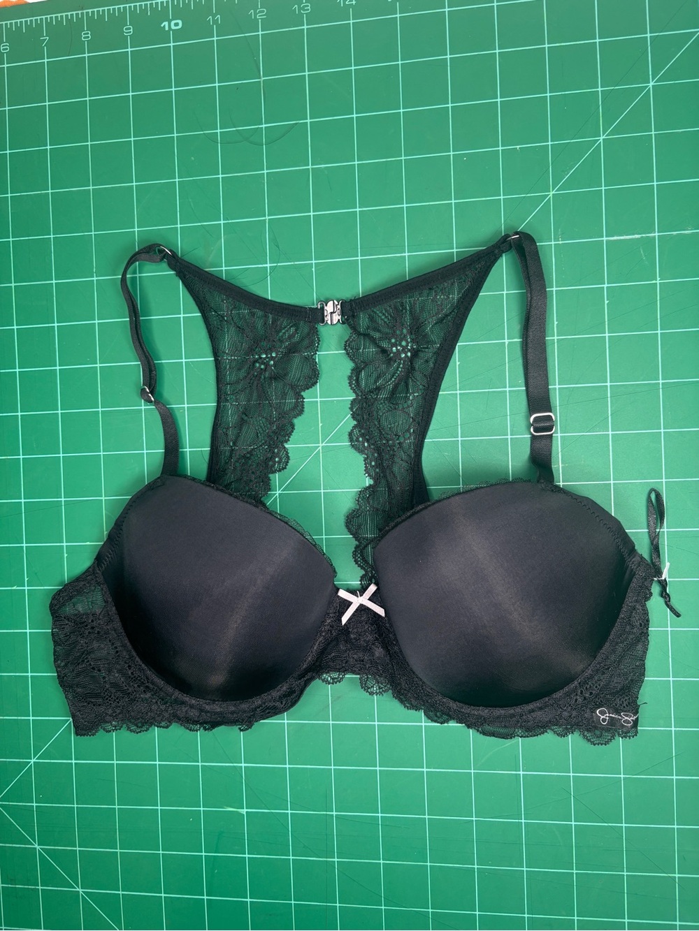Jessica Simpson Women’s 34C Black Lace Racerback Bra with White Bow